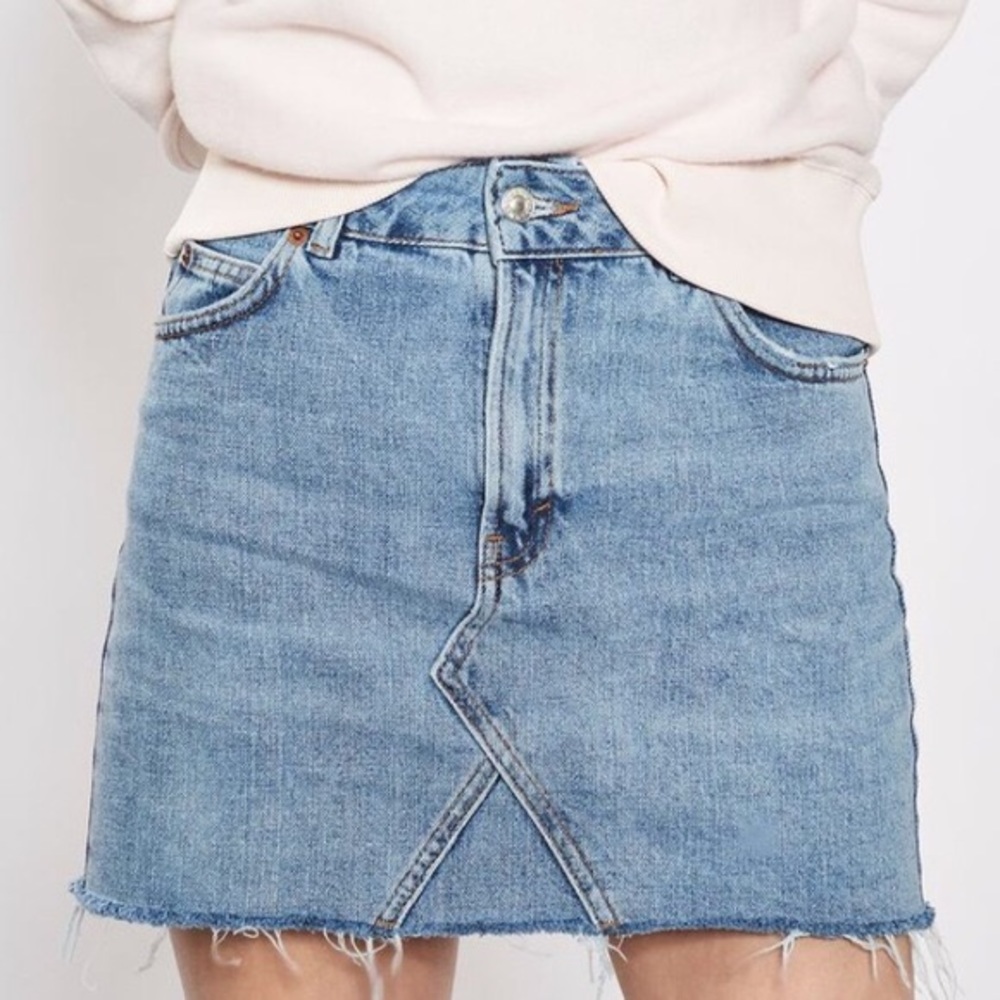 TopShop Moto high rise denim skirt w/ frayed hem